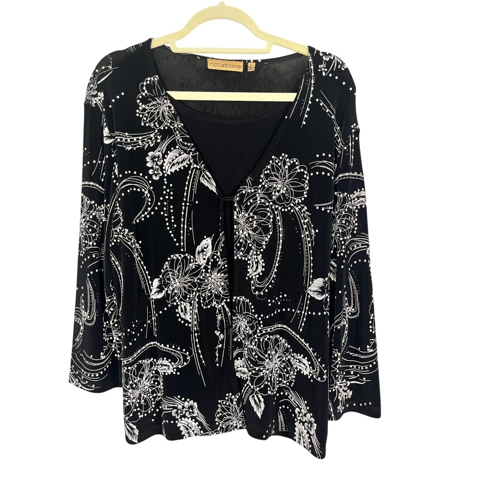 Retro Floral Top L Black Neutral Festive Holiday Polka Dot Classic Chic Preppy